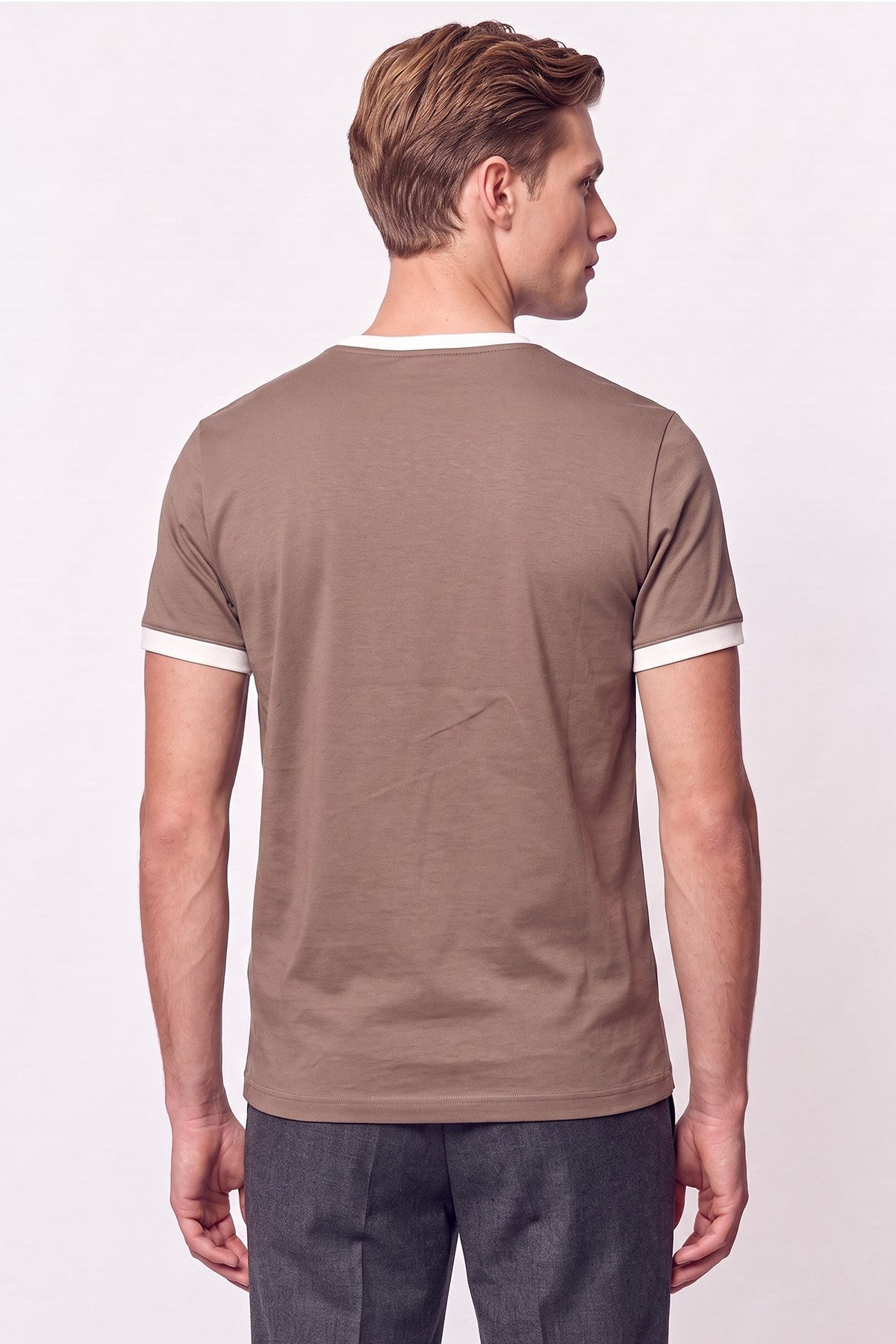 slim Fit Bisiklet Yaka Vizon - Ekru Tişört Ts 932