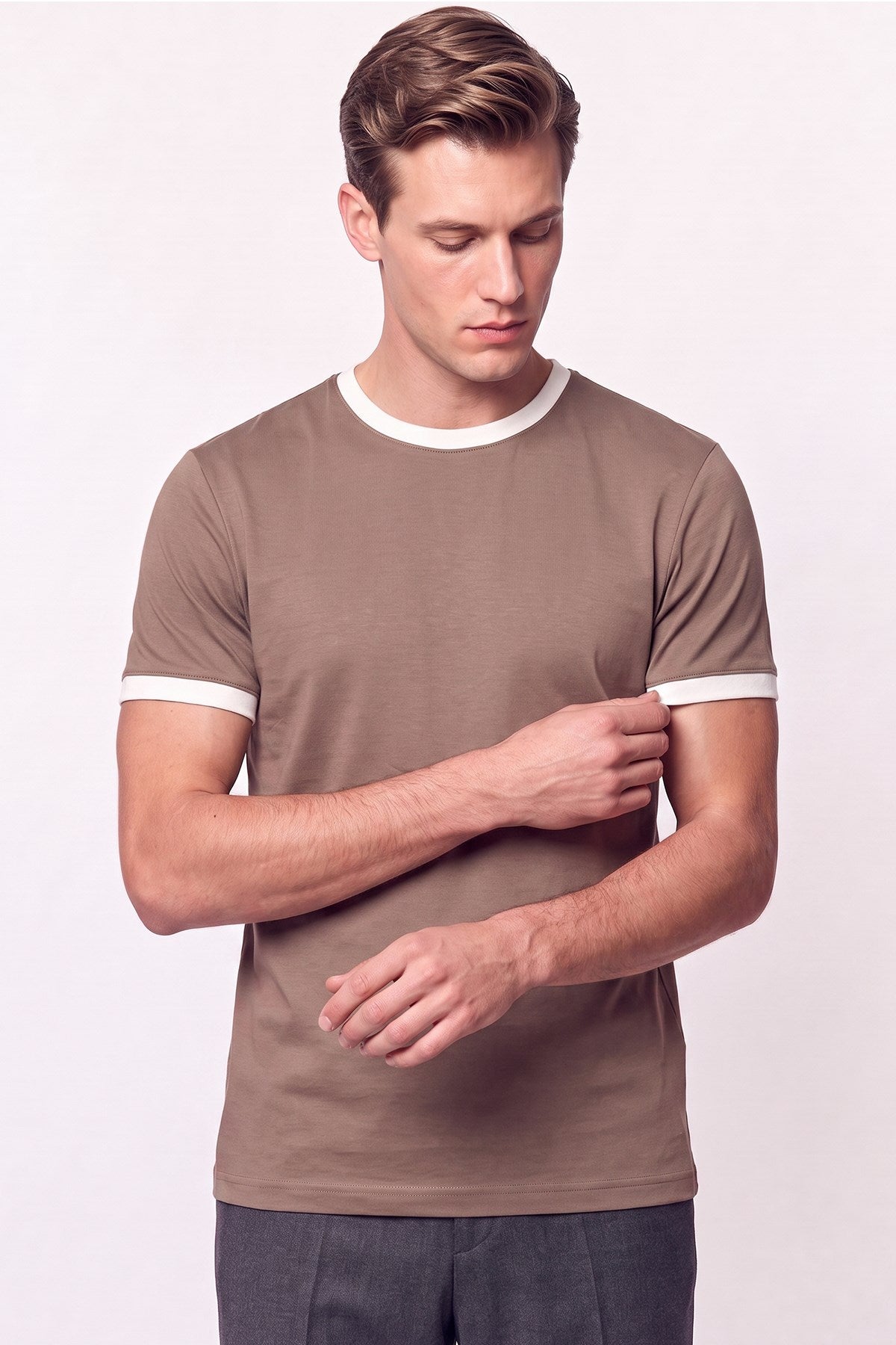 slim Fit Bisiklet Yaka Vizon - Ekru Tişört Ts 932