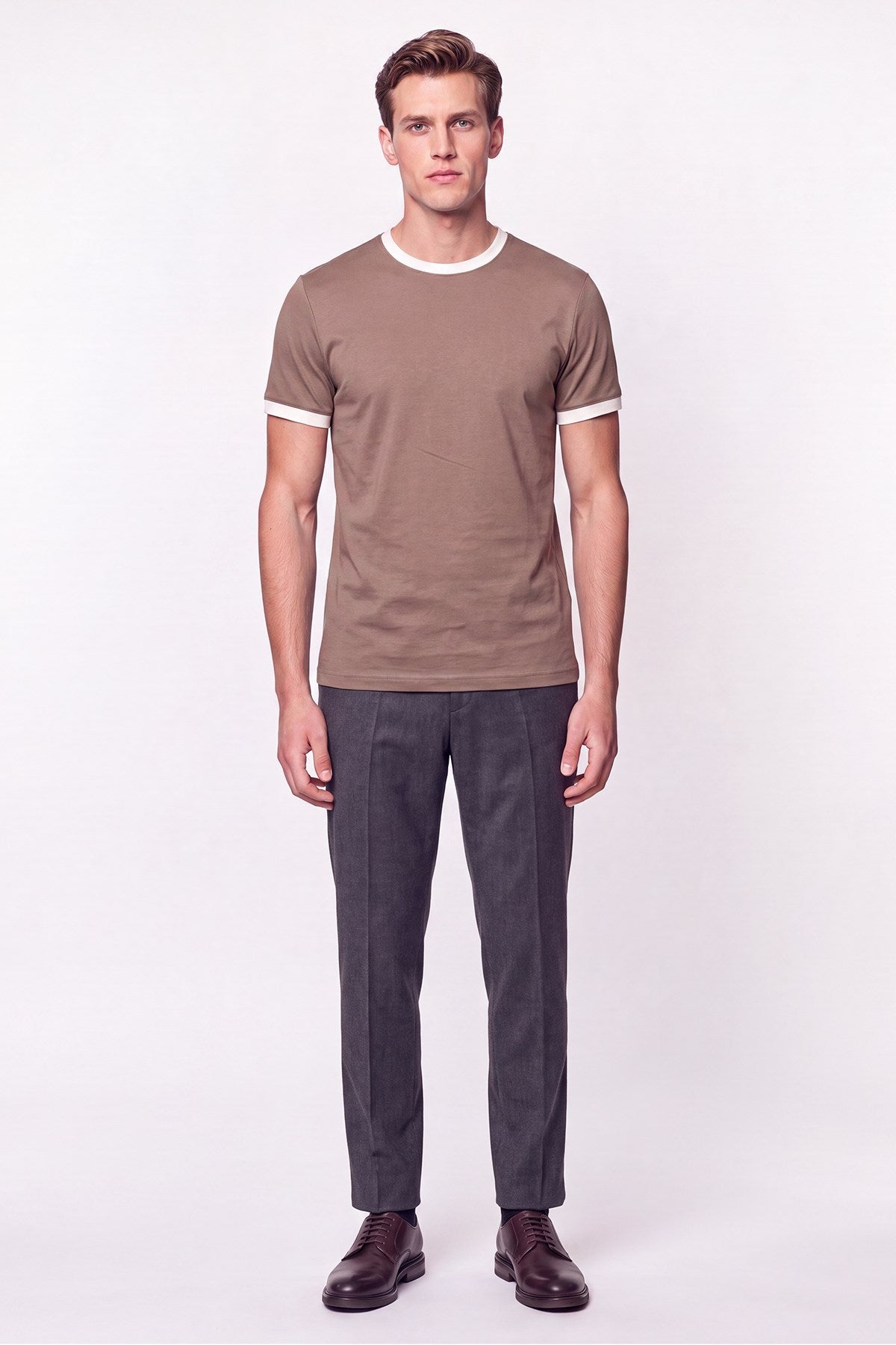 slim Fit Bisiklet Yaka Vizon - Ekru Tişört Ts 932