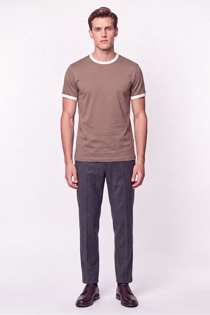 slim Fit Bisiklet Yaka Vizon - Ekru Tişört Ts 932