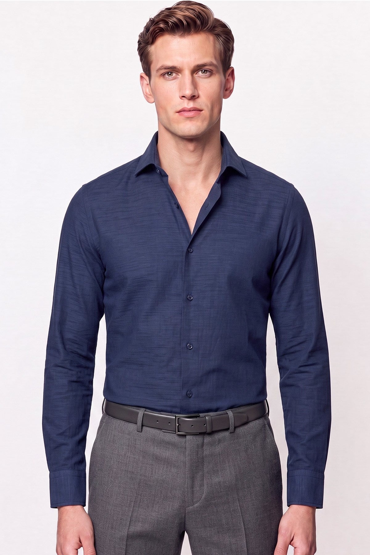 Slim Fit Italyan Yaka Lacivert Gömlek G 1610
