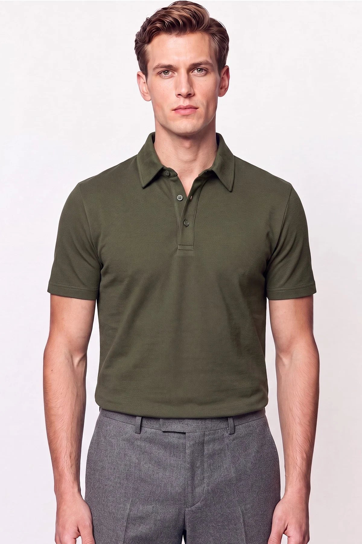Slim Fit Pamuklu Kıvrılmaz Polo Yaka Haki Tişört Ts 928