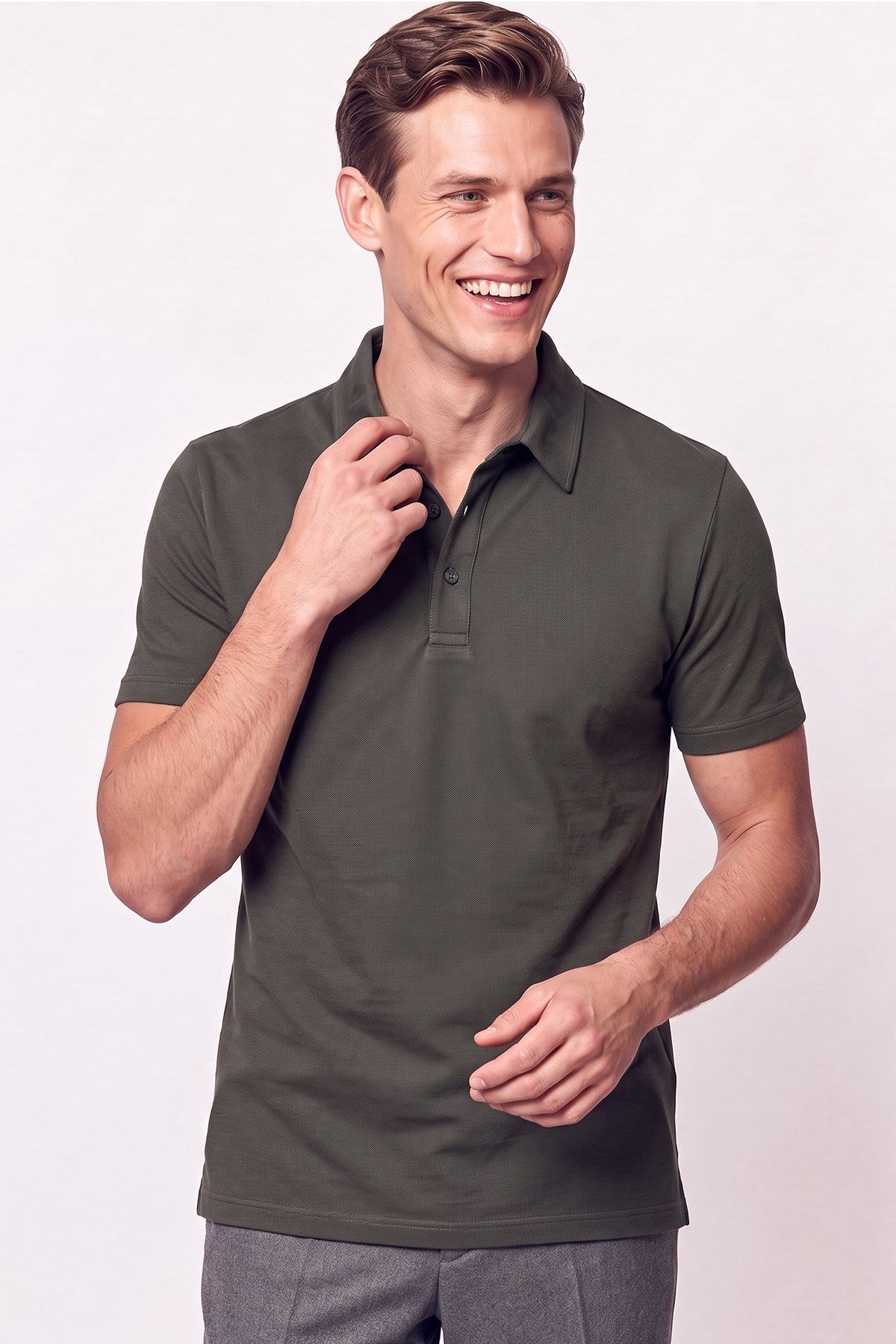 Slim Fit Pamuklu Kıvrılmaz Polo Yaka Haki Tişört Ts 928