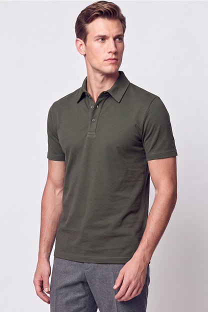Slim Fit Pamuklu Kıvrılmaz Polo Yaka Haki Tişört Ts 928