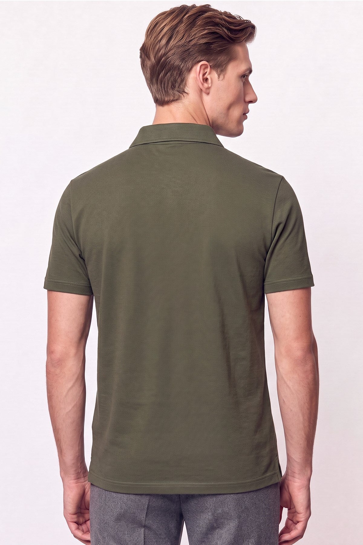 Slim Fit Pamuklu Kıvrılmaz Polo Yaka Haki Tişört Ts 928