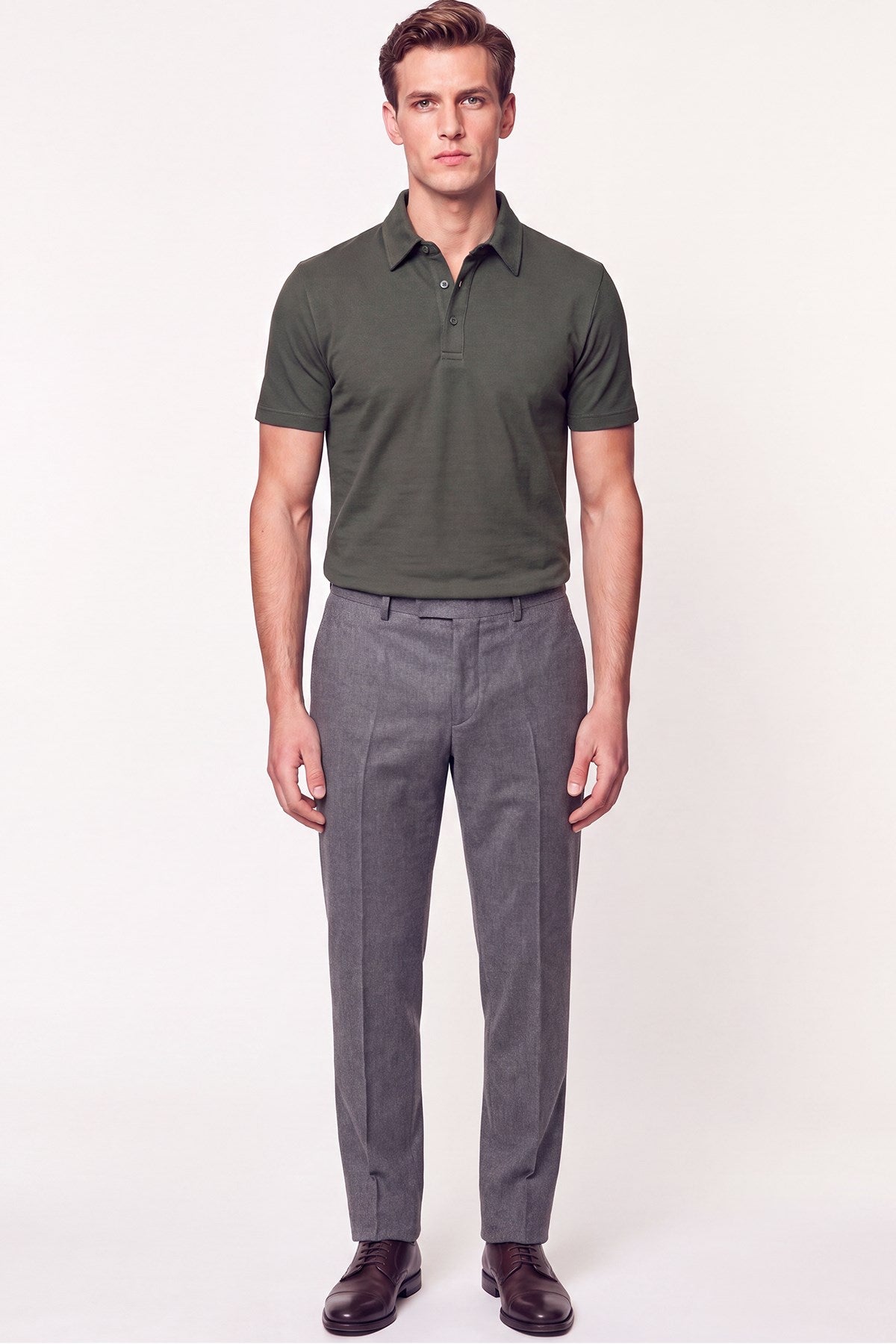 Slim Fit Pamuklu Kıvrılmaz Polo Yaka Haki Tişört Ts 928