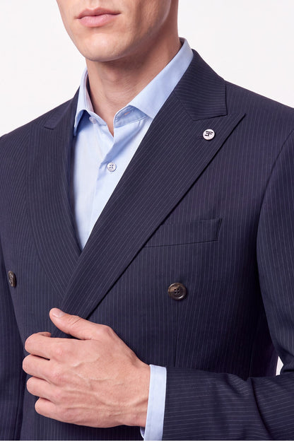 Slim Fit Çift Yırtmaç %95 Pamuk Sık Çizgili Lacivert Kruvaze Takım Elbise Tk 944