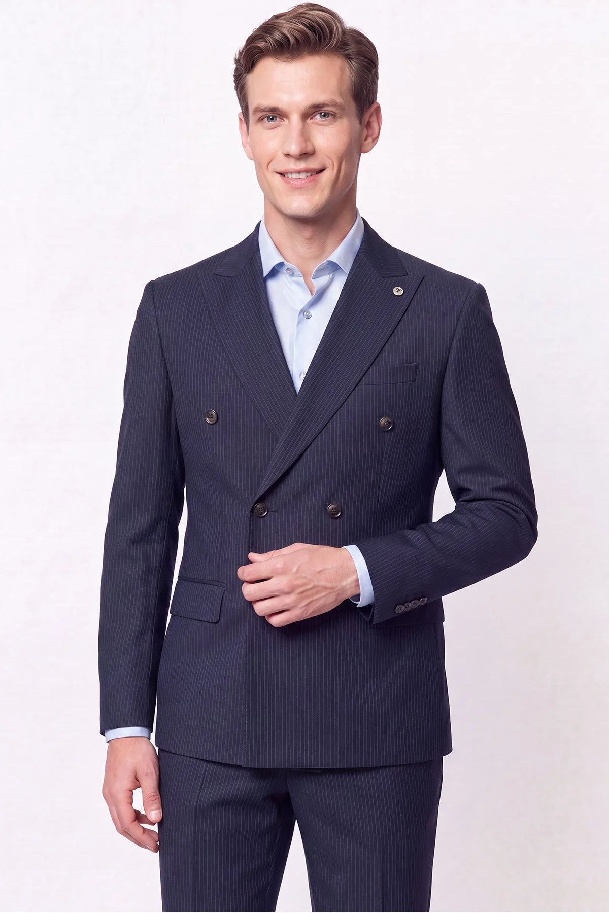 Slim Fit Çift Yırtmaç %95 Pamuk Sık Çizgili Lacivert Kruvaze Takım Elbise Tk 944