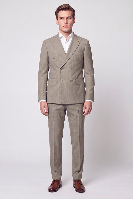 Slim Fit %96 Yünlü Çift Yırtmaç Çizgili Bej Kruvaze Takım Elbise Tk 954