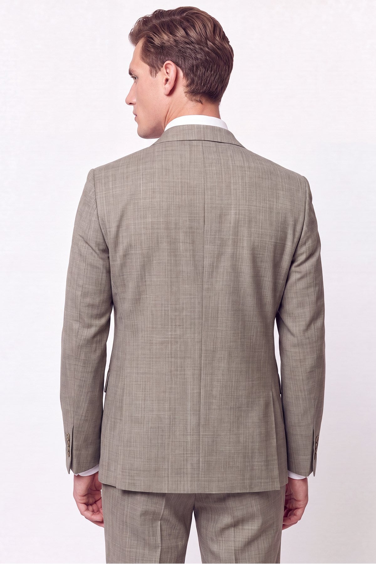 Slim Fit %96 Yünlü Çift Yırtmaç Çizgili Bej Kruvaze Takım Elbise Tk 954