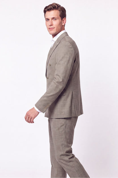 Slim Fit %96 Yünlü Çift Yırtmaç Çizgili Bej Kruvaze Takım Elbise Tk 954