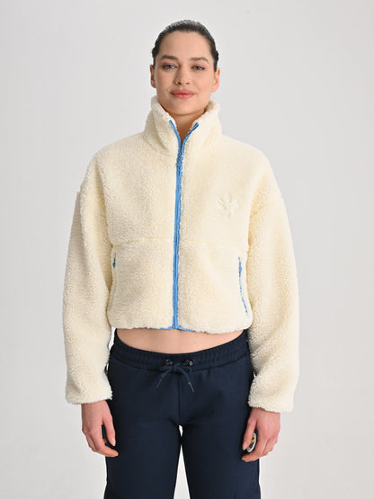 Fenerbahçe Ekru Trend Mikro Detaylı Peluş Kadın Crop Oversize Sweatshirt