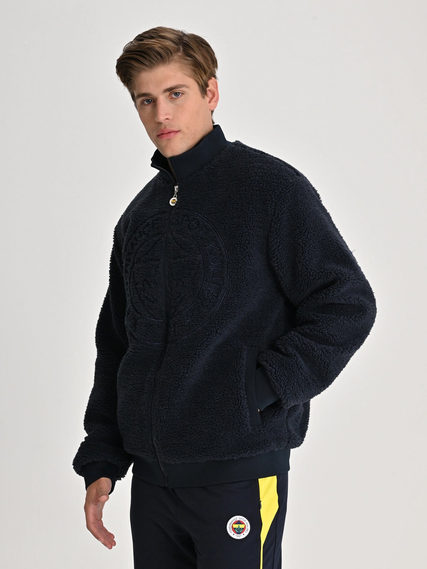 Fenerbahçe Lacivert Tribün Tek Renk Logolu Erkek Peluş Sweatshirt