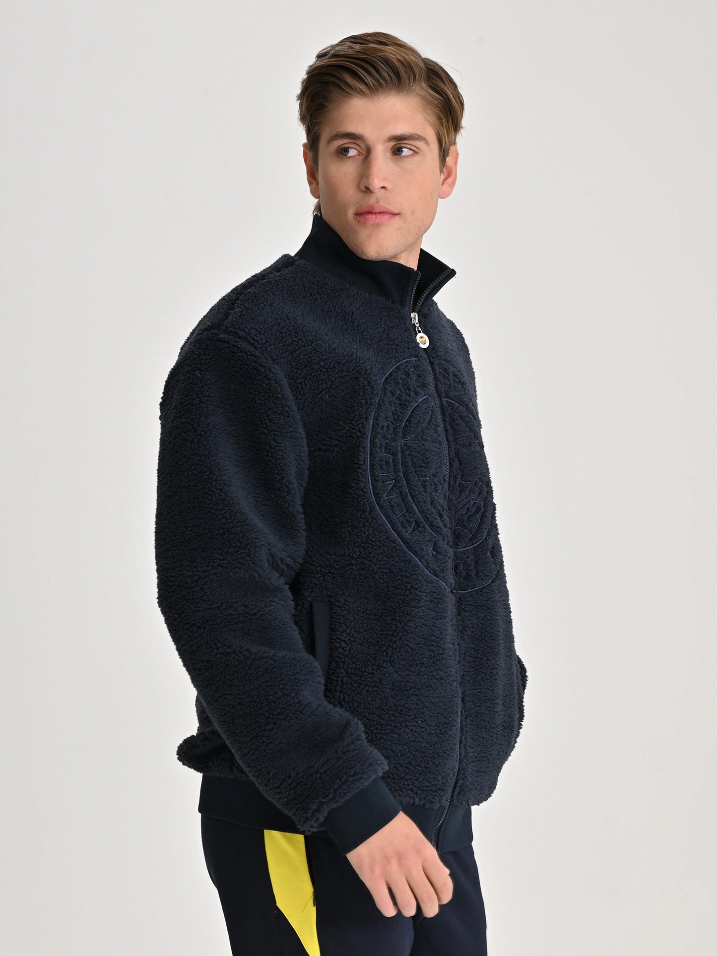 Fenerbahçe Lacivert Tribün Tek Renk Logolu Erkek Peluş Sweatshirt