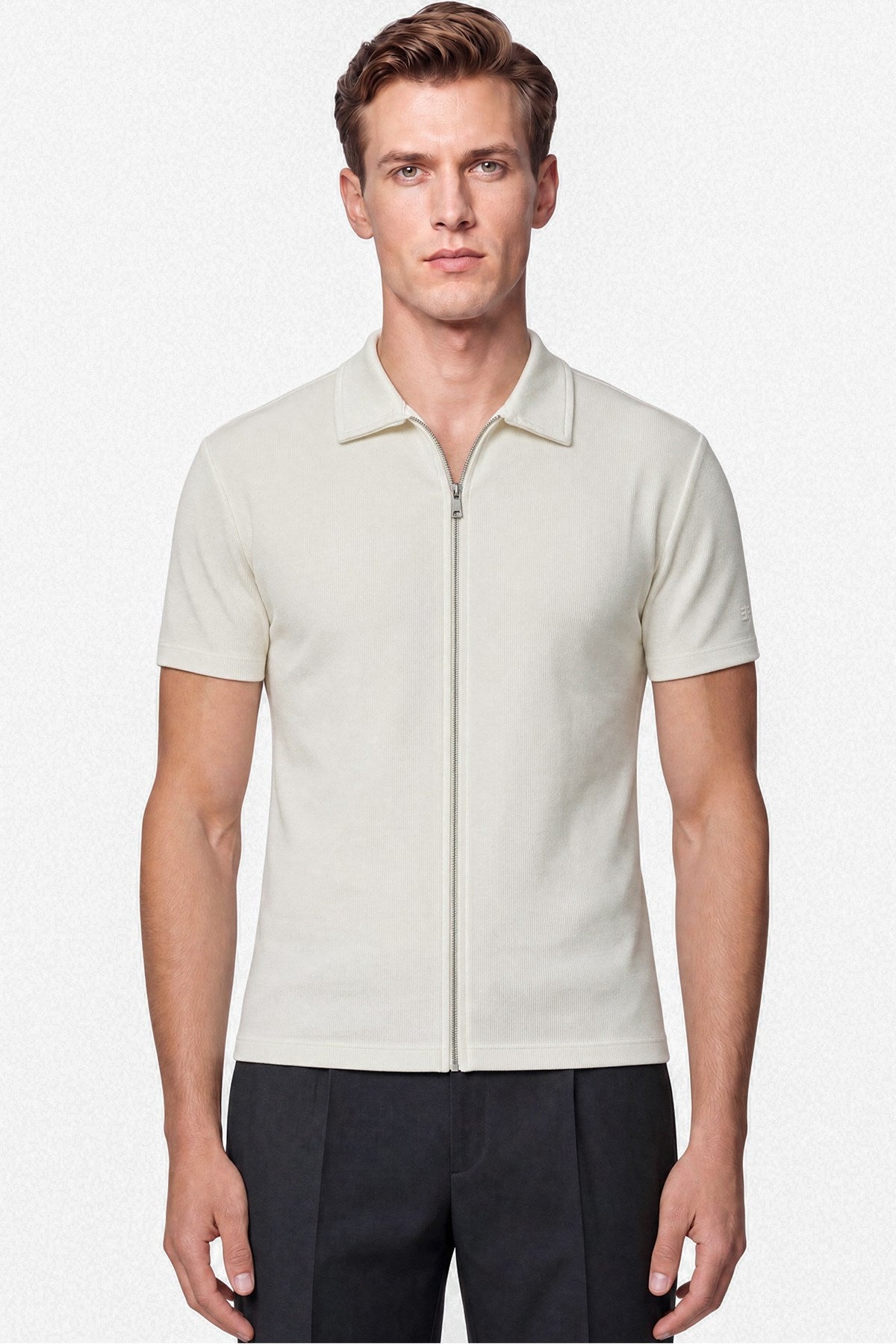 Comfort Fit Rahat Kalıp Polo Yaka Fermuarlı Ekru Beyaz Tişört Ts 930