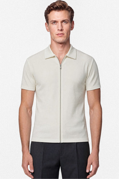 Comfort Fit Rahat Kalıp Polo Yaka Fermuarlı Ekru Beyaz Tişört Ts 930