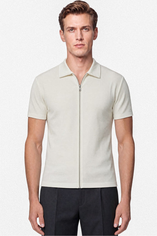Comfort Fit Rahat Kalıp Polo Yaka Fermuarlı Ekru Beyaz Tişört Ts 930