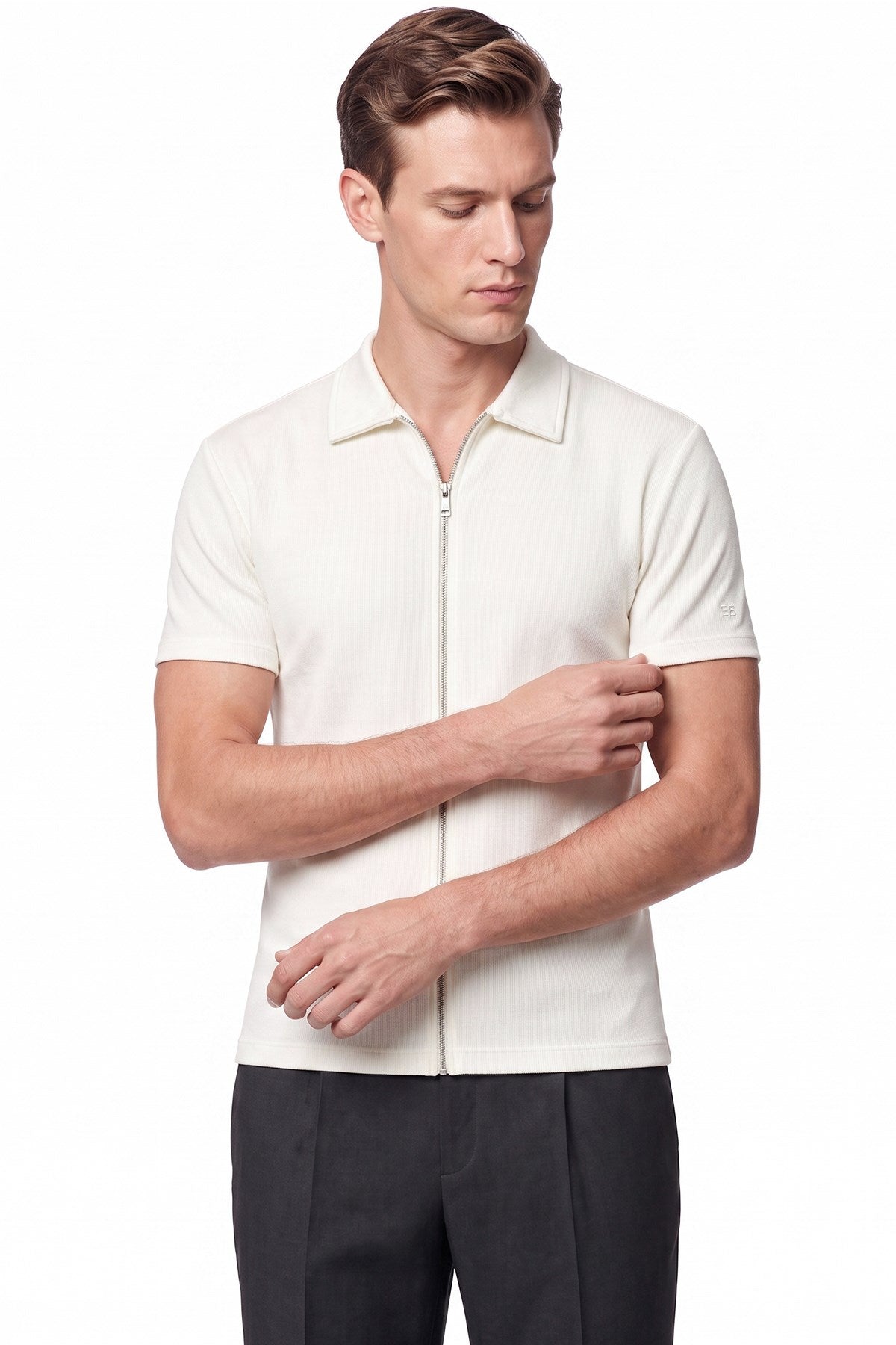 Comfort Fit Rahat Kalıp Polo Yaka Fermuarlı Ekru Beyaz Tişört Ts 930