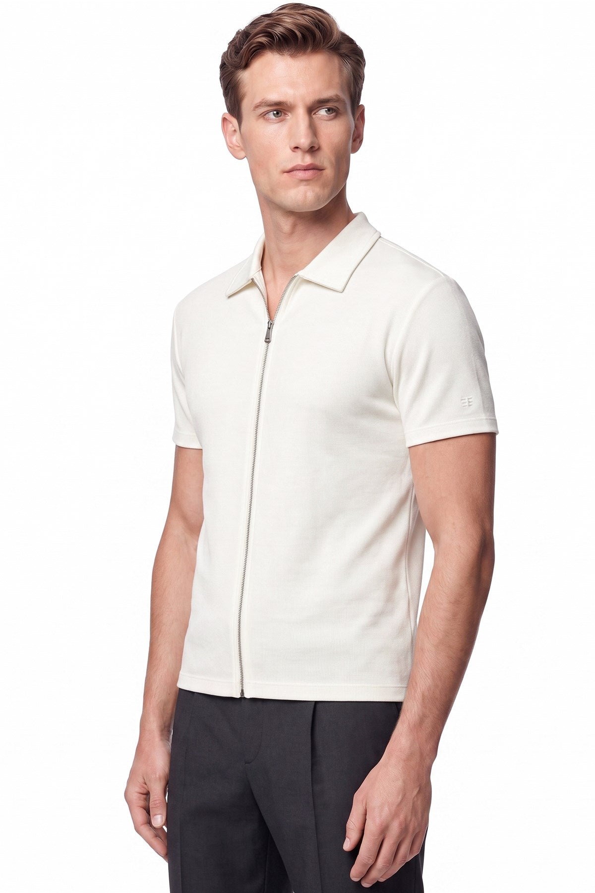 Comfort Fit Rahat Kalıp Polo Yaka Fermuarlı Ekru Beyaz Tişört Ts 930