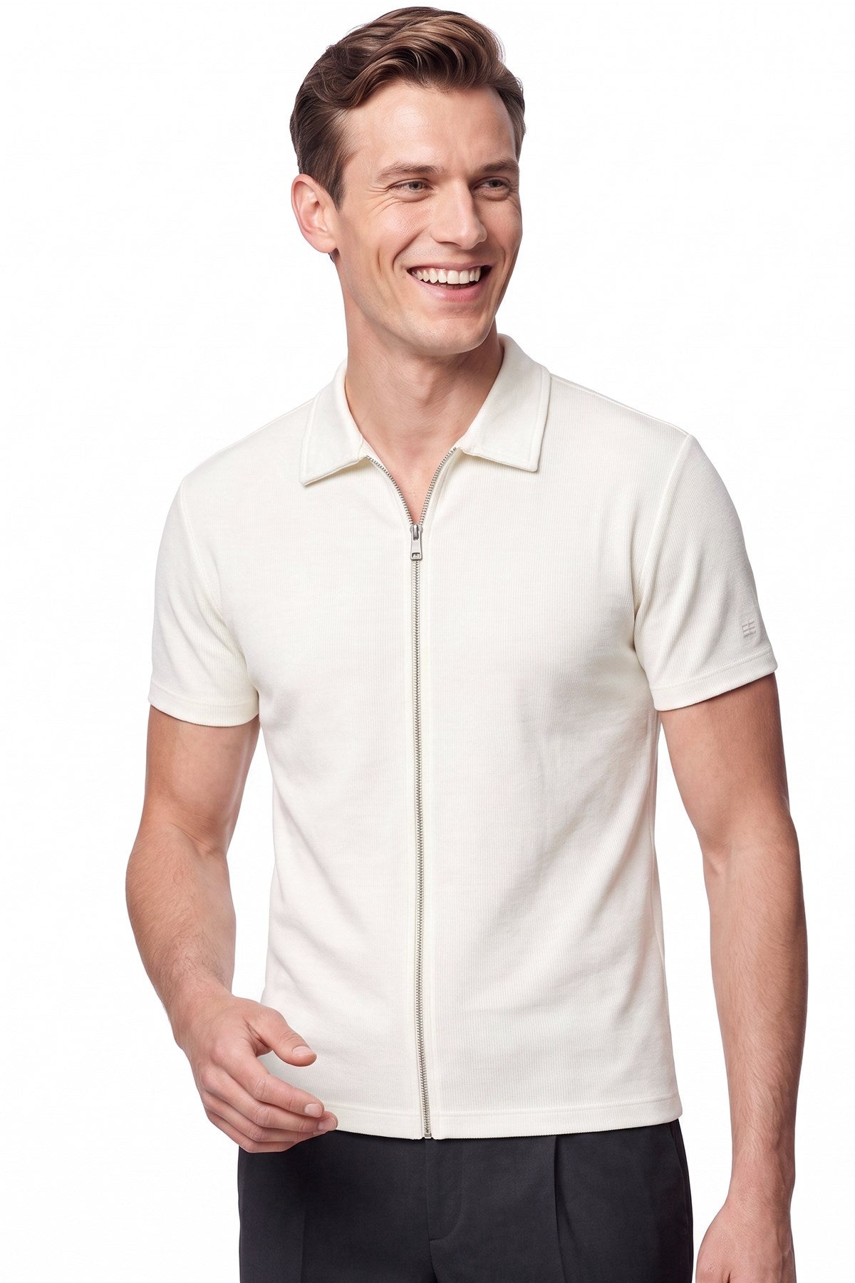 Comfort Fit Rahat Kalıp Polo Yaka Fermuarlı Ekru Beyaz Tişört Ts 930