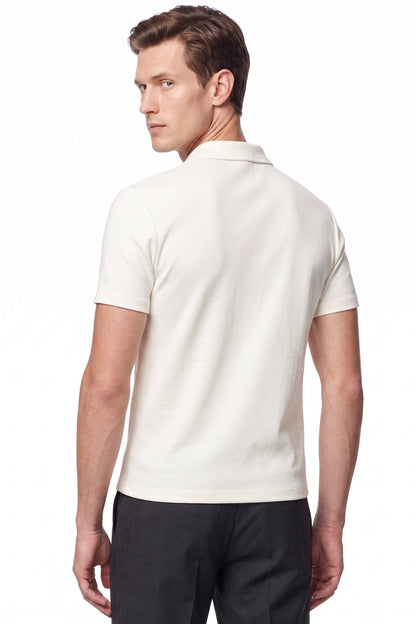 Comfort Fit Rahat Kalıp Polo Yaka Fermuarlı Ekru Beyaz Tişört Ts 930