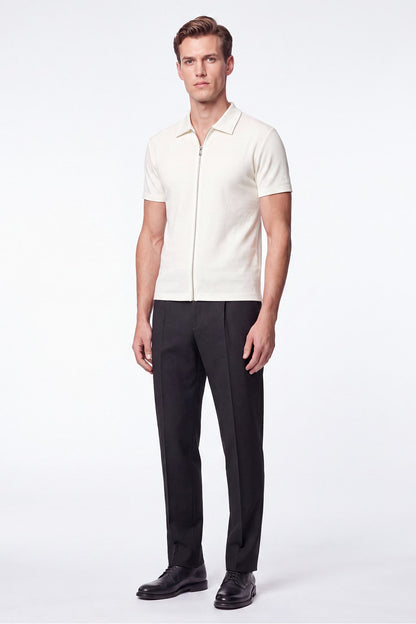 Comfort Fit Rahat Kalıp Polo Yaka Fermuarlı Ekru Beyaz Tişört Ts 930
