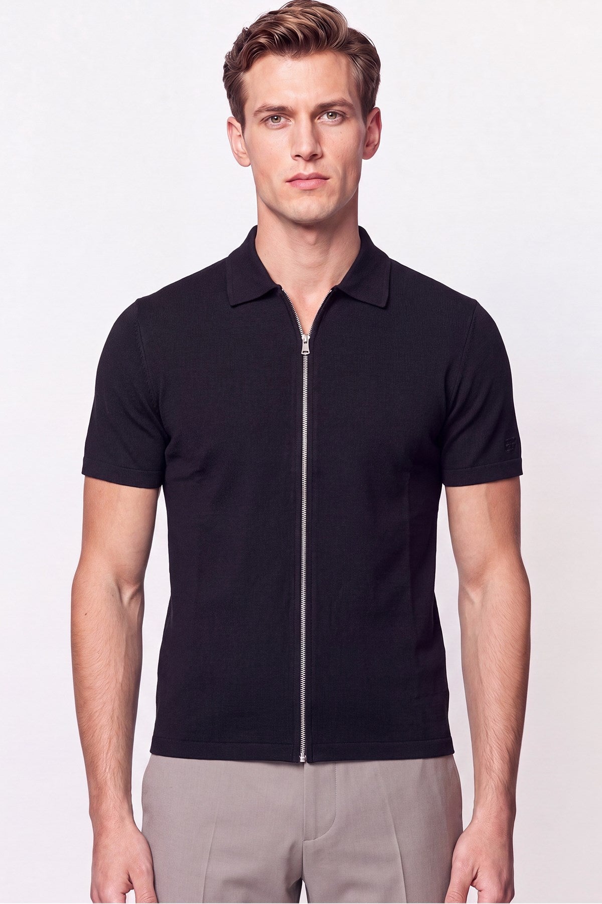 Comfort Fit Rahat Kalıp Polo Yaka Fermuarlı Siyah Tişört Ts 930