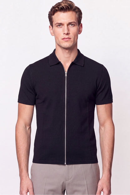 Comfort Fit Rahat Kalıp Polo Yaka Fermuarlı Siyah Tişört Ts 930