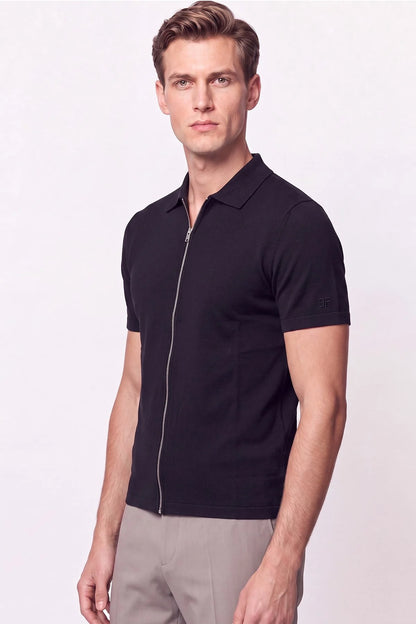 Comfort Fit Rahat Kalıp Polo Yaka Fermuarlı Siyah Tişört Ts 930