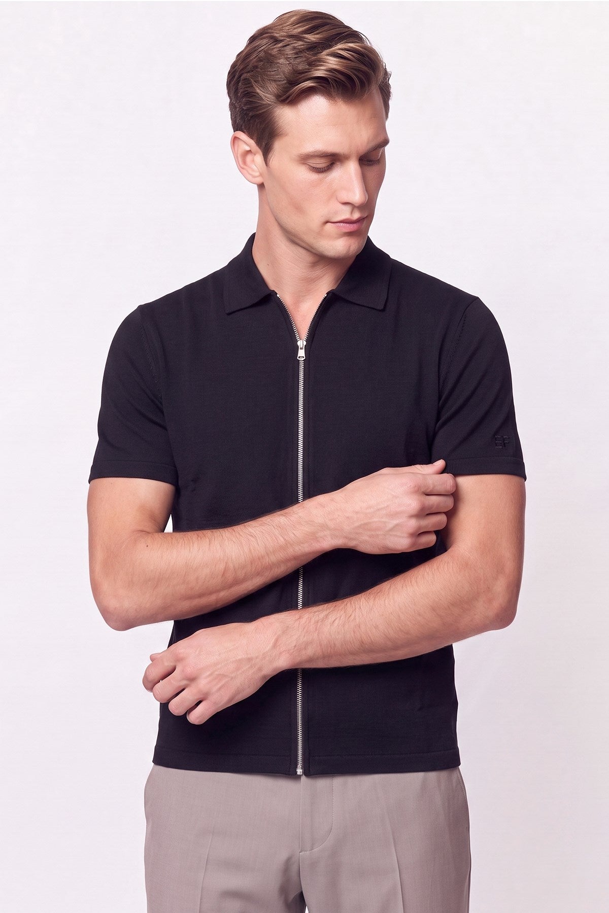 Comfort Fit Rahat Kalıp Polo Yaka Fermuarlı Siyah Tişört Ts 930