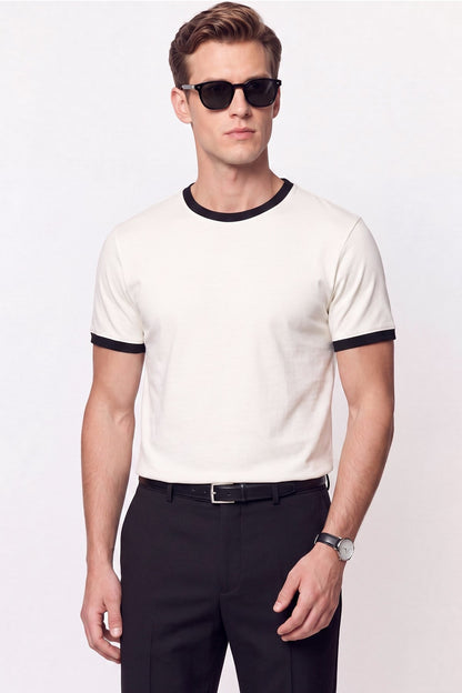 Slim Bisiklet Yaka Düz Ekru-siyah Ts 932 T-shirt