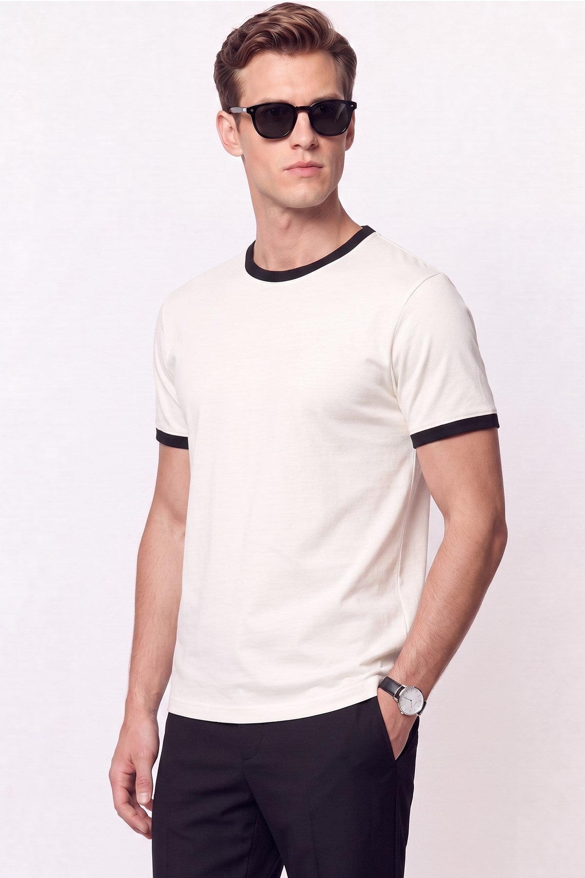 Slim Bisiklet Yaka Düz Ekru-siyah Ts 932 T-shirt