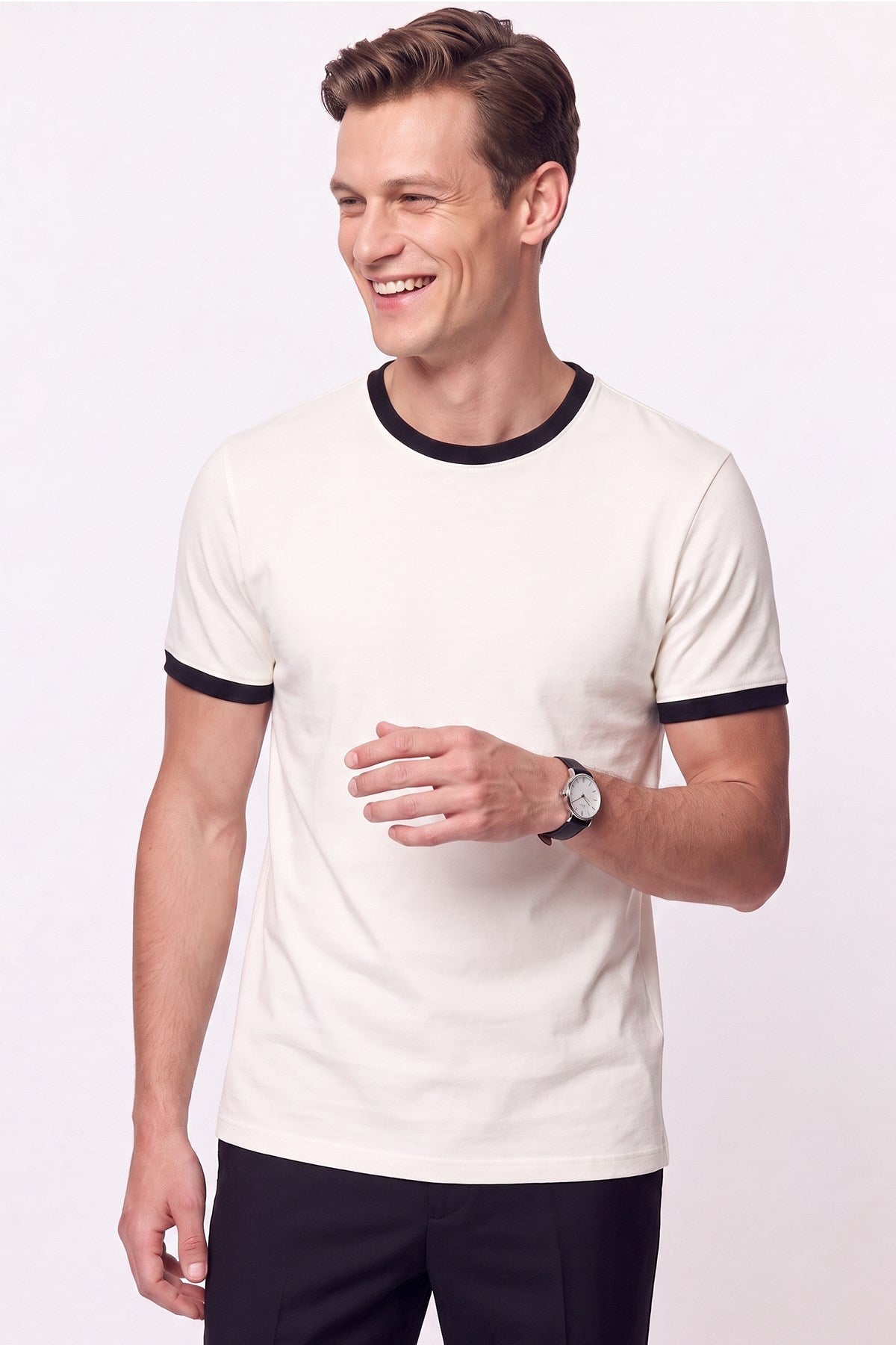 Slim Bisiklet Yaka Düz Ekru-siyah Ts 932 T-shirt