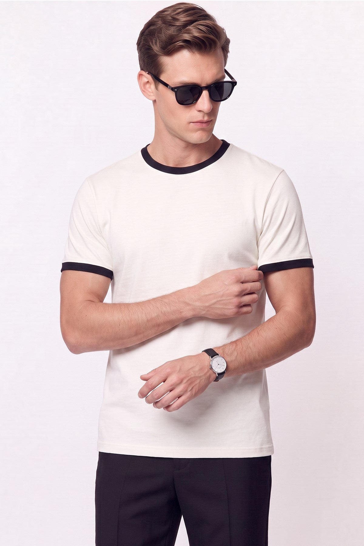 Slim Bisiklet Yaka Düz Ekru-siyah Ts 932 T-shirt