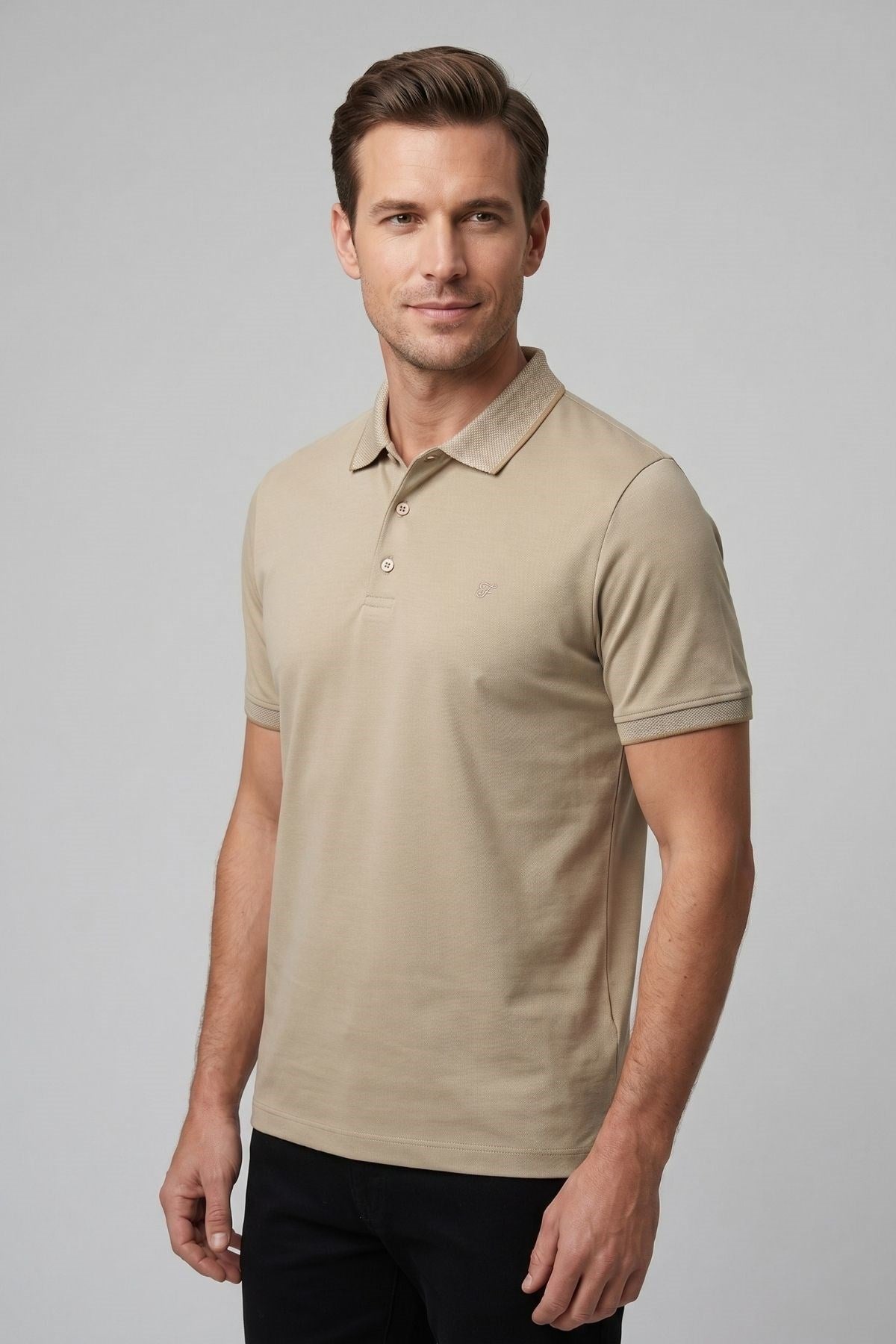 Comfort Fit Rahat Kalıp %100 Pamuk Kıvrılmaz Yaka Bej Polo Yaka Tişört Ts 931