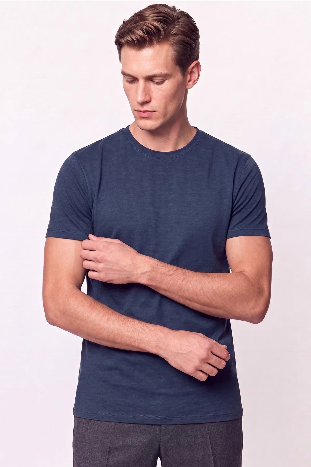 Comfort Fit Pamuklu Modal Kumaş Bisiklet Yaka Lacivert Tişört Ts 924