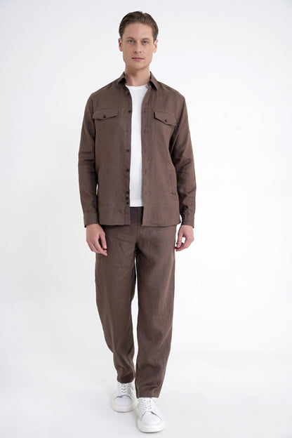 Comfort Fit Yan Cepli %100 Keten Vizon Gömlek Ceket G 1602