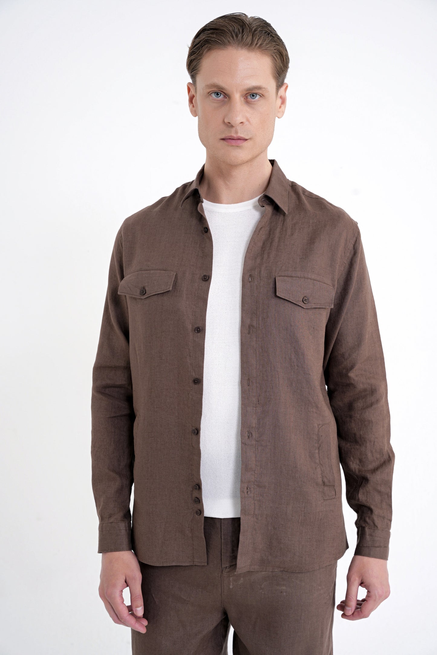 Comfort Fit Yan Cepli %100 Keten Vizon Gömlek Ceket G 1602