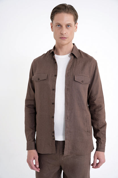 Comfort Fit Yan Cepli %100 Keten Vizon Gömlek Ceket G 1602