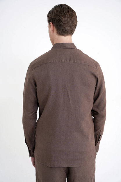 Comfort Fit Yan Cepli %100 Keten Vizon Gömlek Ceket G 1602