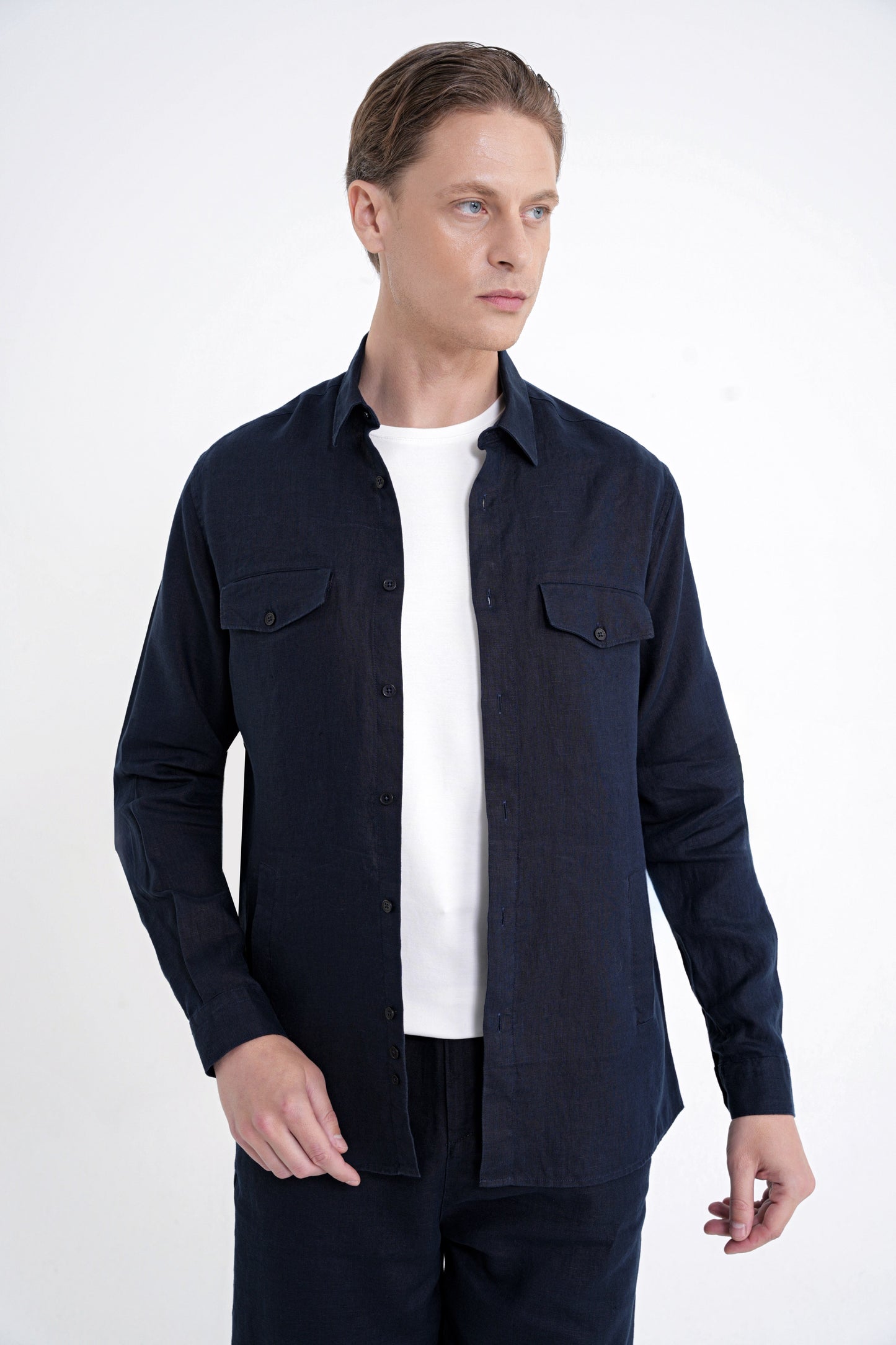 Comfort Fit Yan Cepli %100 Keten Lacivert Gömlek Ceket G 1602