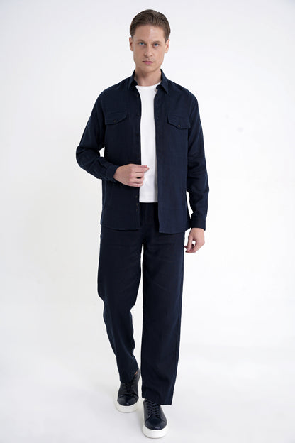 Comfort Fit Yan Cepli %100 Keten Lacivert Gömlek Ceket G 1602