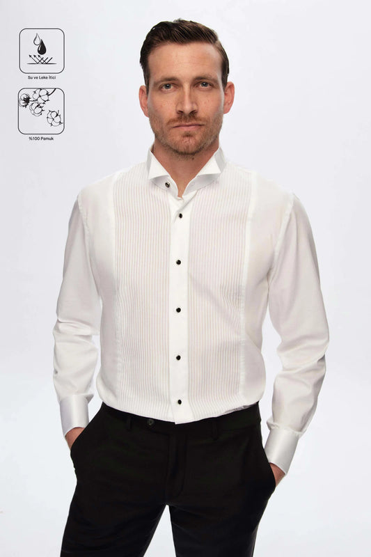 Damat Slim Fit Beyaz Jakar Desenli Smokin Gömlek