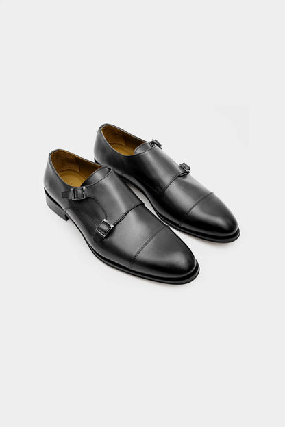 Damat Siyah Hakiki Deri Çift Tokalı Monk Strap Ayakkabı