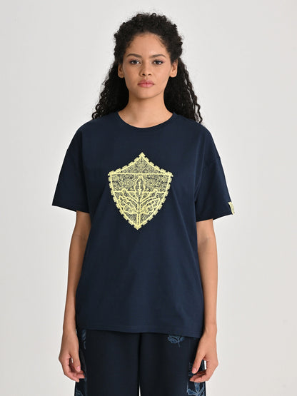Fenerbahçe Lacivert Trend Dantel Armalı Kadın Oversize Tshirt