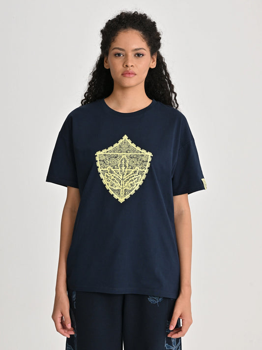 Fenerbahçe Lacivert Trend Dantel Armalı Kadın Oversize Tshirt