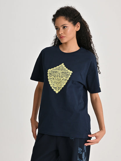 Fenerbahçe Lacivert Trend Dantel Armalı Kadın Oversize Tshirt