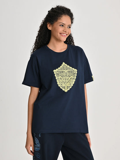 Fenerbahçe Lacivert Trend Dantel Armalı Kadın Oversize Tshirt