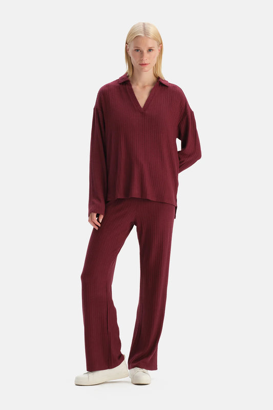 Bordo Örgü Detaylı Pantolon