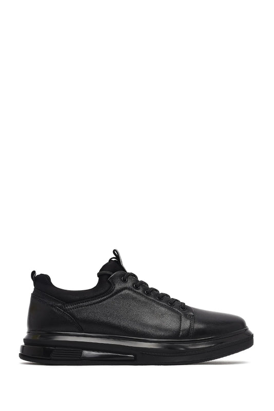 Erkek Siyah Bağcıklı Deri Sneaker